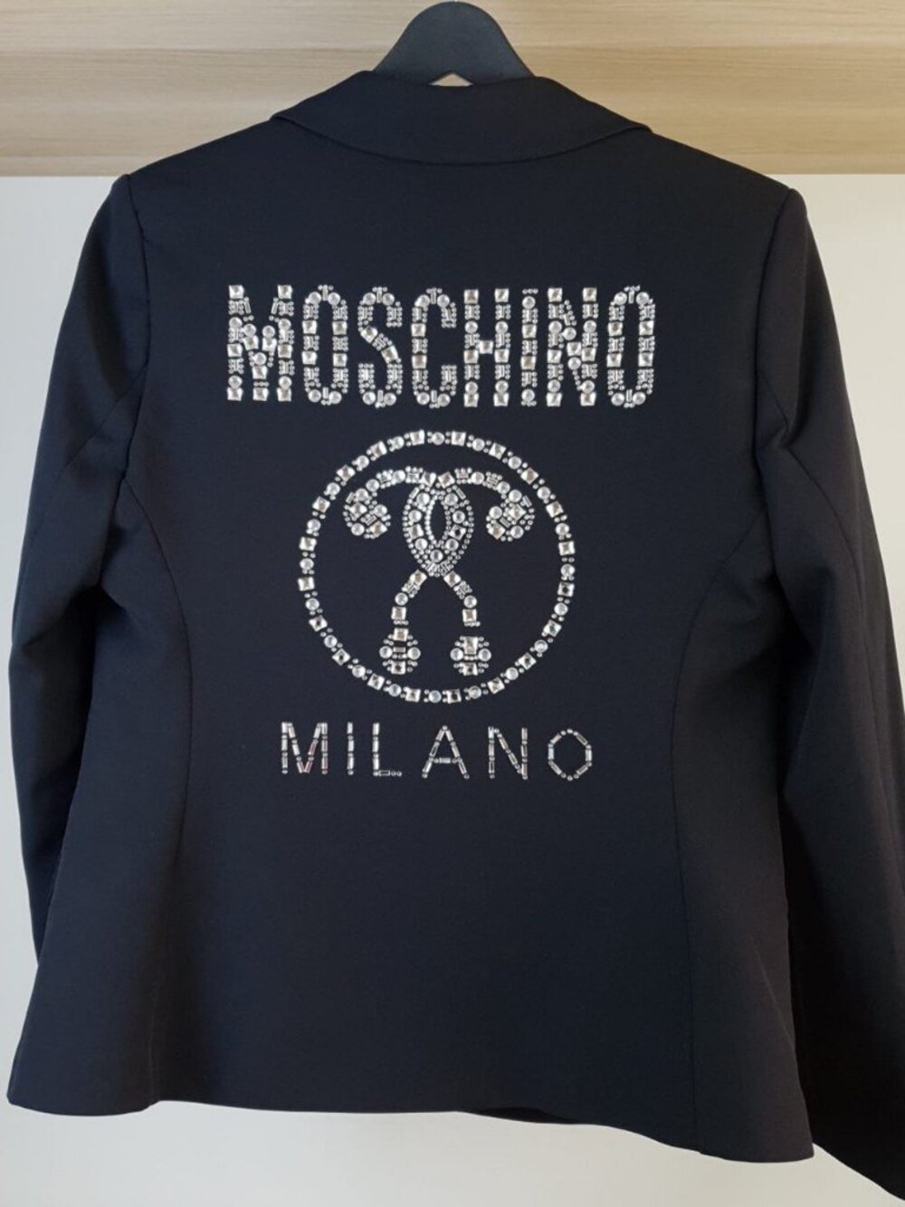 Moschino Couture NWT Black Rhinestone Back Logo Blazer Jacket Size L